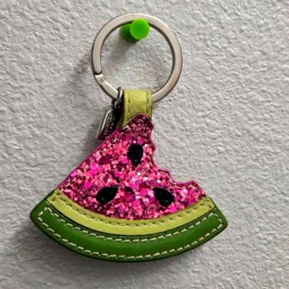 COACH Watermelon Slice Silver Tone Leash Clip Bag Charm Fob Vintage HTF Glitter